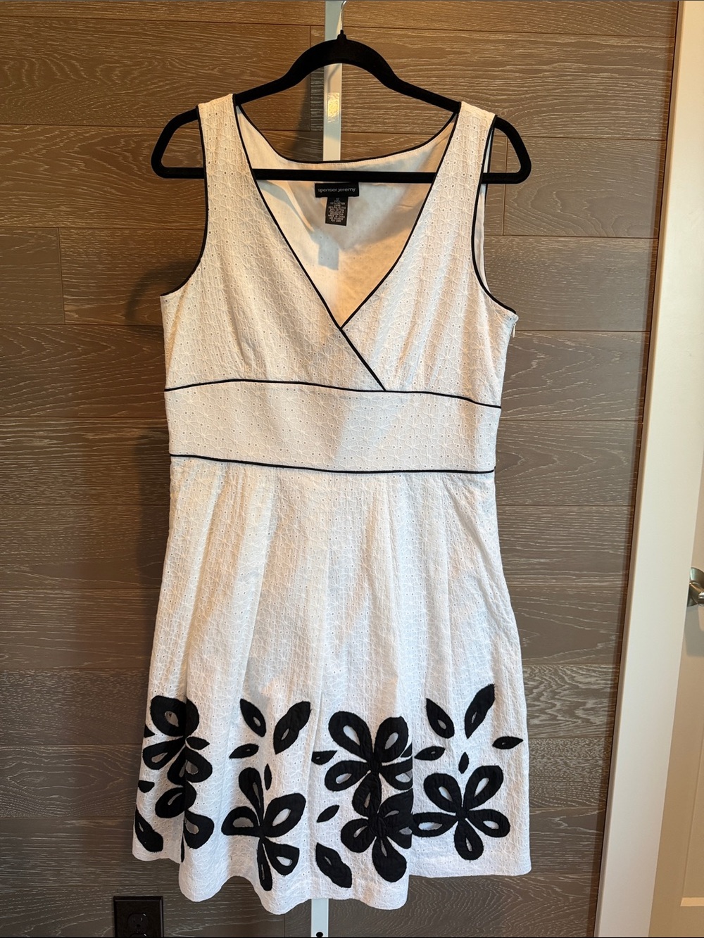 White Eyelet Fit & Flare Dress with Black Floral Appliqué